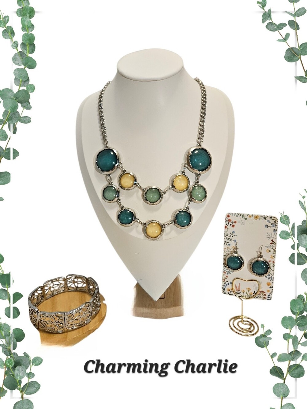 Charming Charlie Silver Tone Teal & Yellow Necklace & Earring Set With Bracelet